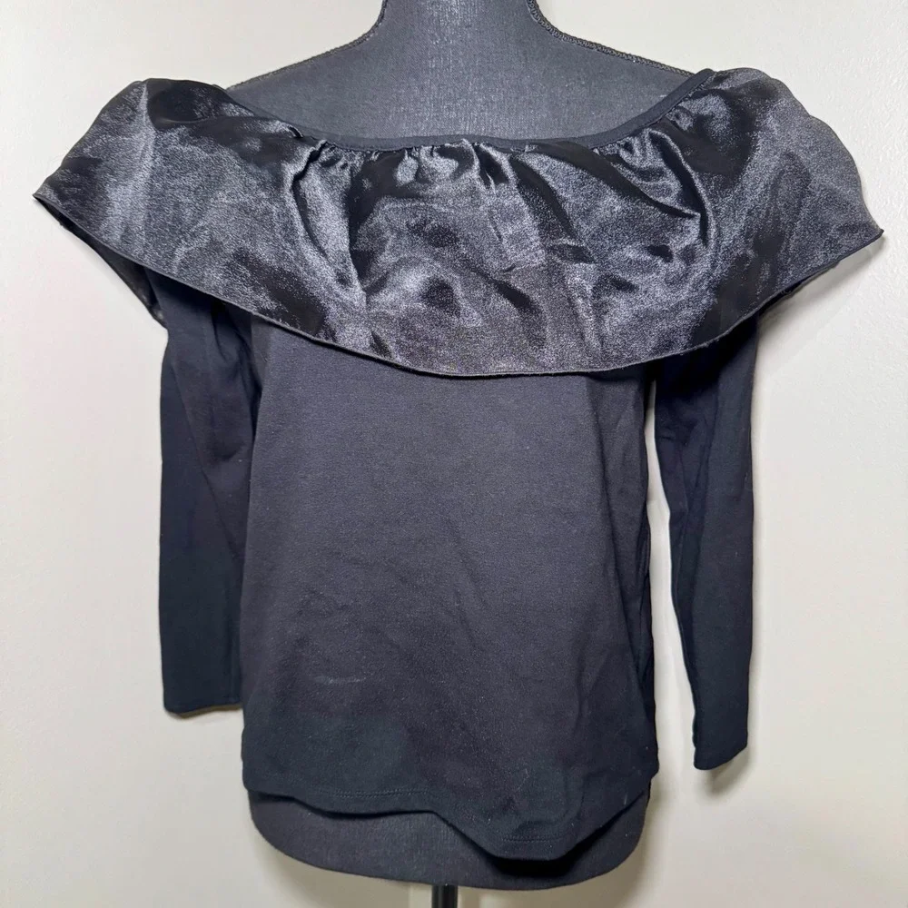 J. Crew Black Off The Shoulder Ruffle Long Sleeve Top Size‎ M